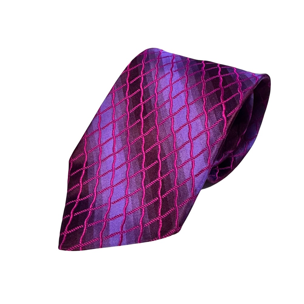 Les Mues Paris Men's Silk Blend Geometric Striped Tie Purple Pink‎